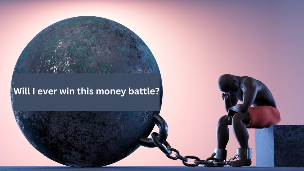 Man chained to boulder that represents money problems