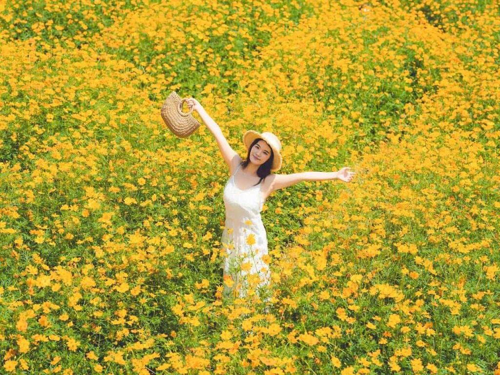 Happy woman with extended arms in a field of beautiful flowers representing the joy of true Sabbath rest when heaven eventually descends to earth.